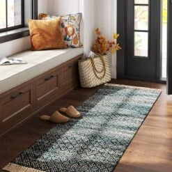 2'4"x7' Handloom Diamond Runner Rug Blue - Threshold™: Indoor Low Pile, Cotton & Jute, Entryway Or Kitchen Use