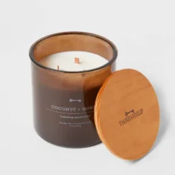 23oz XL 3-Wick Coconut + Honey Wooden Amber Glass With Wood Lid And Stamped Logo Amber - Threshold™ -Brick Wall GUEST 4d3a2a37 aa6c 42da a0d1 56526d874d5c