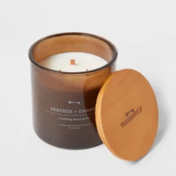 23oz XL 3-Wick Leather + Embers Wooden Amber Glass With Wood Lid And Stamped Logo Amber - Threshold™ -Brick Wall GUEST 4fbf95f2 2402 46bf 97f1 6933f738c12d