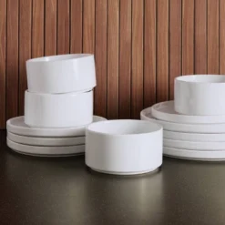 12pc Stoneware Stella Dinnerware Sets White - Threshold™: Solid Dishware Set, Service For 4, Microwave & Dishwasher Safe -Brick Wall GUEST 852a3985 c18d 4939 a29c d0bac978f779