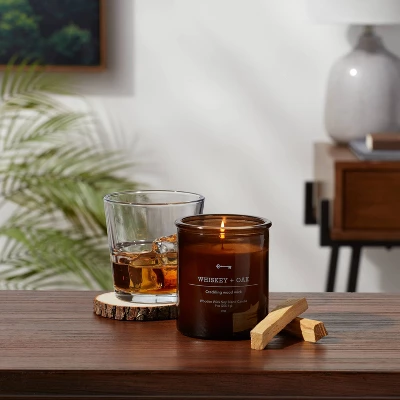 9oz Lidded Glass Jar Crackling Wooden Wick Candle Whiskey & Oak - Threshold™ 3 9oz Lidded Glass Jar Crackling Wooden Wick Candle Whiskey & Oak - Threshold™