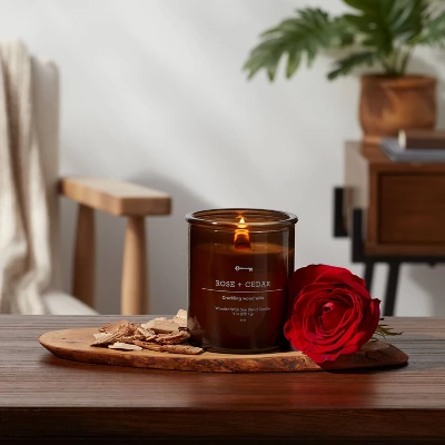 9oz Lidded Glass Jar Crackling Wooden Wick Rose And Cedar Candle - Threshold™ 3 9oz Lidded Glass Jar Crackling Wooden Wick Rose And Cedar Candle - Threshold™