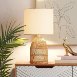 Rattan Diagonal Weave Table Lamp Tan - Opalhouse™