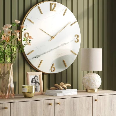 26" Faux Marble Finished In Polished Brass Wall Clock White - Threshold™: Elegant Timepiece For Indoor Use 3 26" Faux Marble Finished In Polished Brass Wall Clock White - Threshold™: Elegant Timepiece For Indoor Use