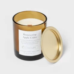 Clear Colored Glass With Woodwick And Brass Metal Inset Lid Honeycrisp Apple Cider Candle Yellow - Threshold™ -Brick Wall GUEST d00c61de 2889 4f10 8c36 0028a7897f65