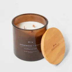 23oz XL 3-Wick Applewood + Amber Wooden Amber Glass With Wood Lid And Stamped Logo Amber - Threshold™ -Brick Wall GUEST f40d0c95 1d11 403a 82b0 01cf711a1e06